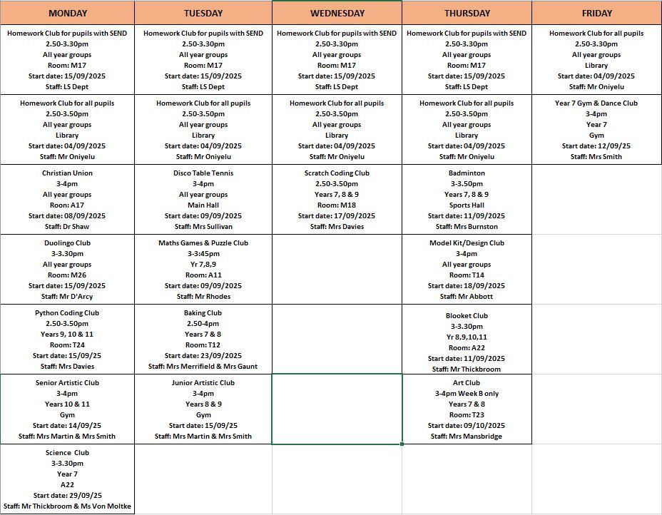 After School Clubs and Activities