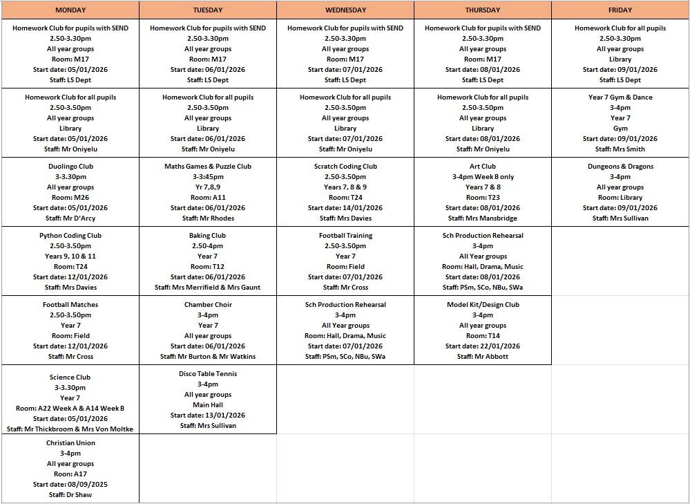 After School Clubs and Activities